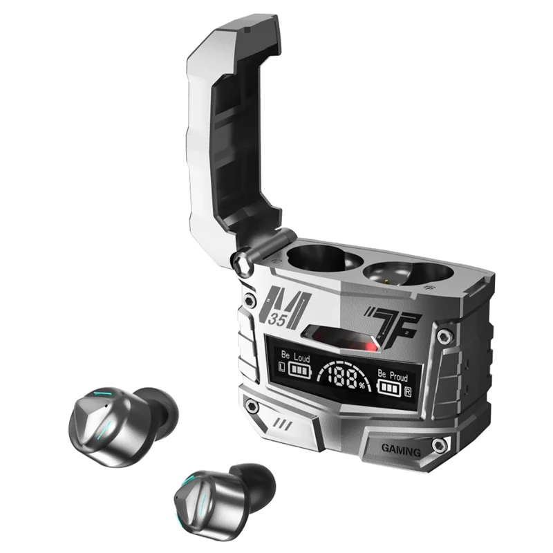 M35 Bluetooth-compatible Earphones Digital Display Wireless Gaming Earbuds Surround Bass with Charging Case - Silver