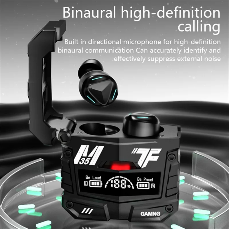 M35 Bluetooth-compatible Earphones Digital Display Wireless Gaming Earbuds Surround Bass with Charging Case - Silver