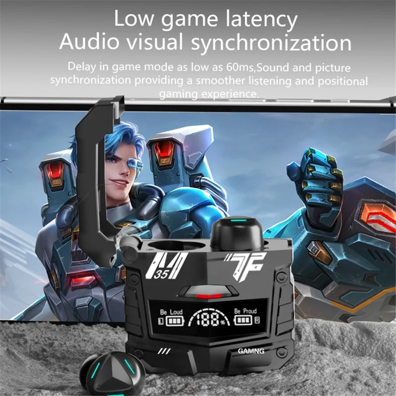 M35 Bluetooth-compatible Earphones Digital Display Wireless Gaming Earbuds Surround Bass with Charging Case - Silver