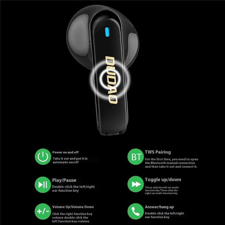 DUDAO U18pro TWS Bluetooth Earnessphones Wireless Music Headset Com Caixa de Carregamento Transparente - Preto