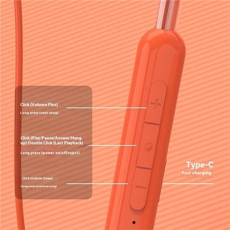 DUDAO U5Pro Semi-In-Ear Neckband Bluetooth-compatible 5.3 Headset Sport Running Wireless Stereo Music Earphone - Orange