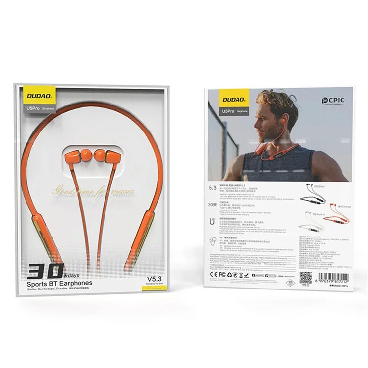DUDAO U5Pro Semi-In-Ear Neckband Bluetooth-compatible 5.3 Headset Sport Running Wireless Stereo Music Earphone - Orange