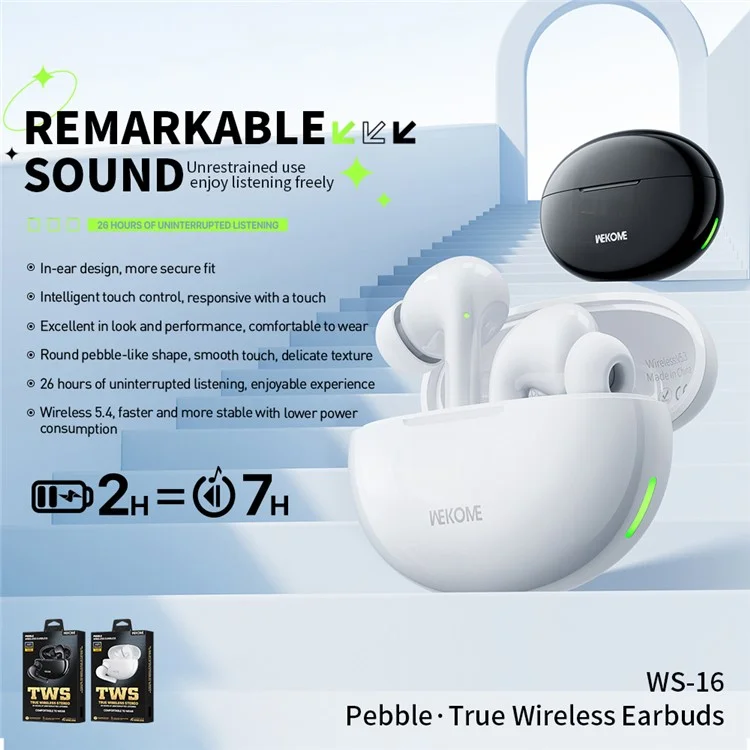 WEKOME WS-16 Bluetooth-compatible Headset Wireless Headphone Pebble Stone Sports Earphone with Charging Case - White