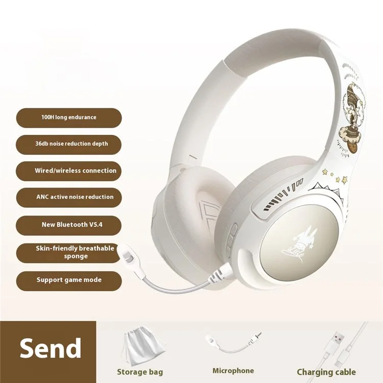 Casque sans fil EL-GT2 ANC avec suppression du bruit, Bluetooth, circum-auriculaire pour le jeu et la musique - Blanc