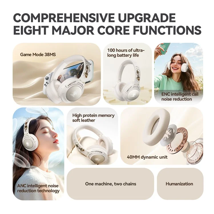 Casque sans fil EL-GT2 ANC avec suppression du bruit, Bluetooth, circum-auriculaire pour le jeu et la musique - Blanc