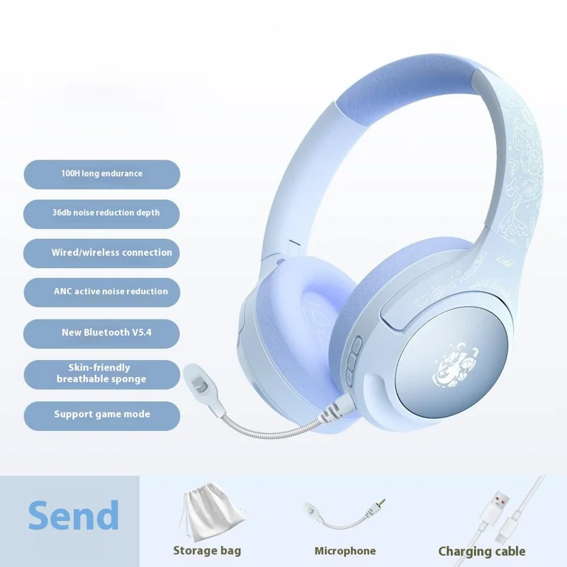 EL-GT2 ANC Noise Cancellation Bluetooth-compatible Headphone Wireless Over-Ear Gaming Music Headset - Blue
