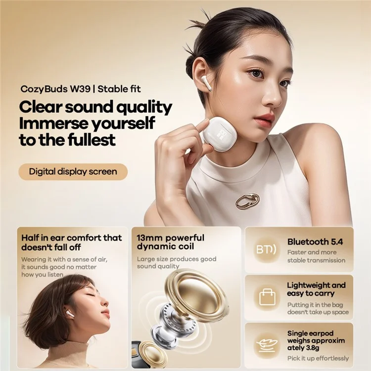 REMAX Cozybuds W39 TWS Earphones Digital Display Wireless Bluetooth-compatible 5.4 Stereo Earbuds with Charging Case - White