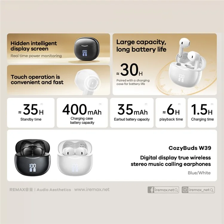 REMAX Cozybuds W39 TWS Earphones Digital Display Wireless Bluetooth-compatible 5.4 Stereo Earbuds with Charging Case - White