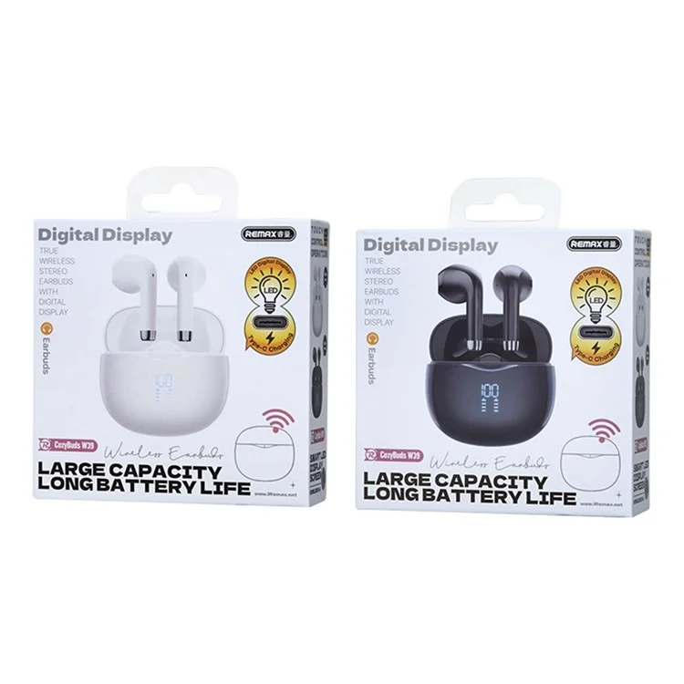 REMAX Cozybuds W39 TWS Earphones Digital Display Wireless Bluetooth-compatible 5.4 Stereo Earbuds with Charging Case - White