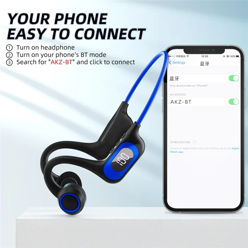 AKZ-G3 Bendable Bone Conduction Earphones Wireless Bluetooth-compatible Headphones with Power Display - Black