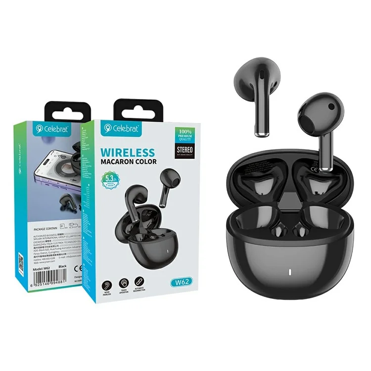 CELEBRAT W62 TWS Bluetooth-compatible Earphones Semi-in-ear Wireless Sports Music Headset - Black