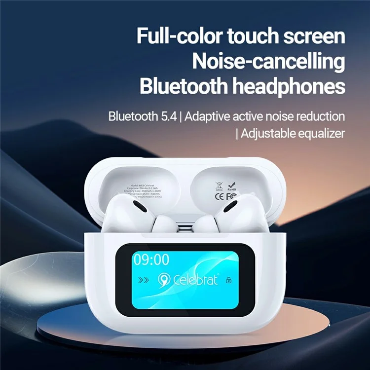 CELEBRAT W63 TWS Bluetooth-Ohrhörer mit Touchscreen-Ladeetui, ANC, kabelloser Musikwiedergabe