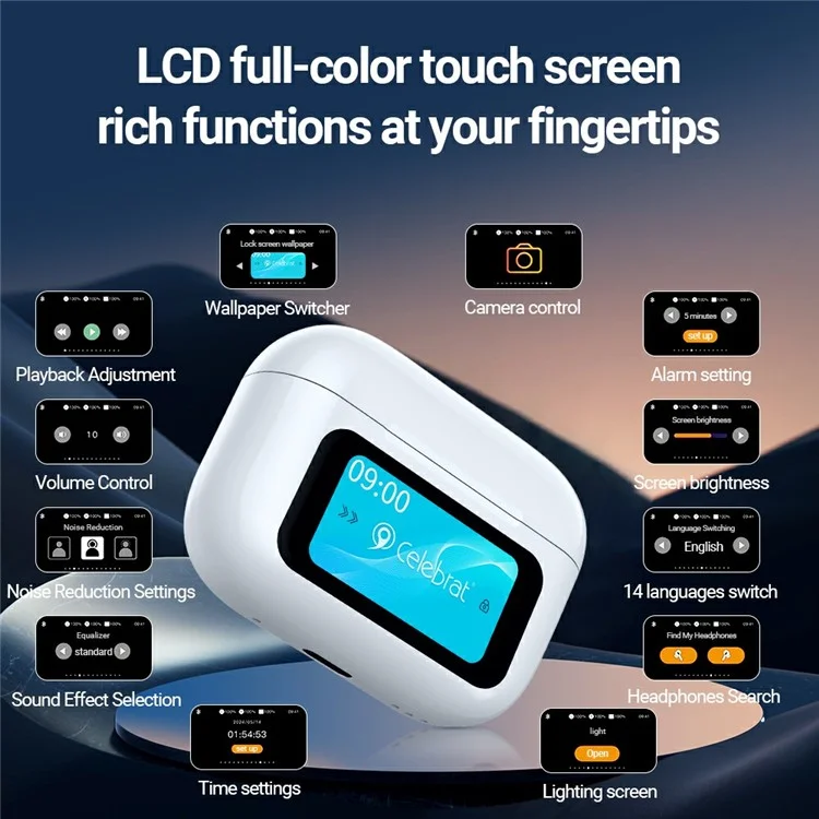 CELEBRAT W63 TWS Bluetooth-Ohrhörer mit Touchscreen-Ladeetui, ANC, kabelloser Musikwiedergabe