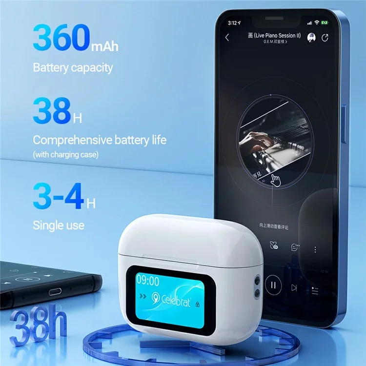 CELEBRAT W63 TWS Bluetooth-Ohrhörer mit Touchscreen-Ladeetui, ANC, kabelloser Musikwiedergabe