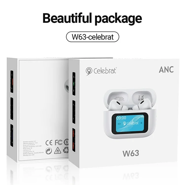 CELEBRAT W63 TWS Bluetooth-Ohrhörer mit Touchscreen-Ladeetui, ANC, kabelloser Musikwiedergabe