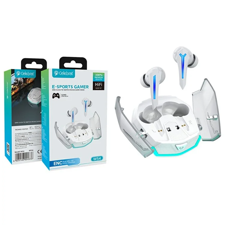 CELEBRAT W54 TWS Bluetooth-compatible Earphones In-Ear Wireless Music Gaming Headset - White