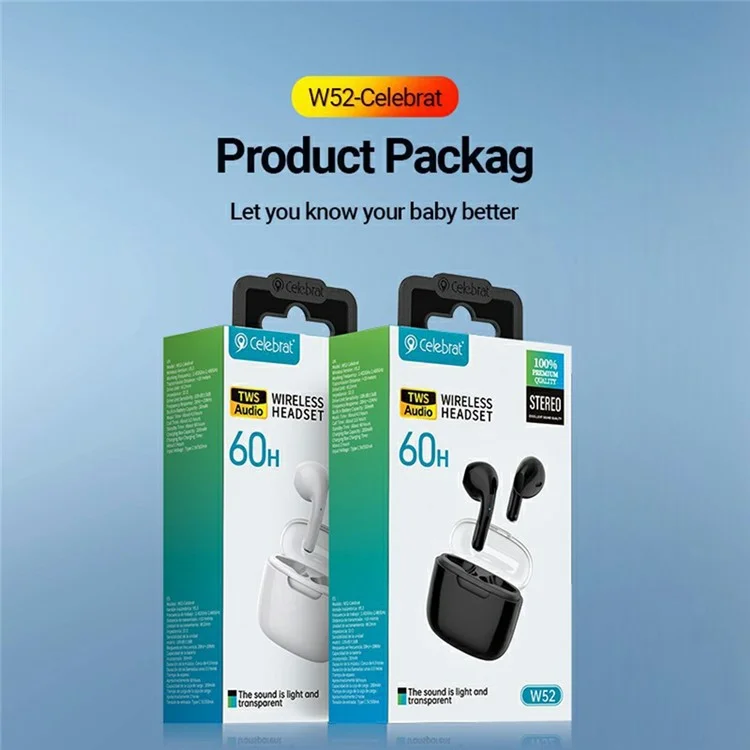 CELEBRAT W52 Écouteurs sans fil TWS Bluetooth 5.0 Écouteurs intra-auriculaires Contrôle tactile - Noir