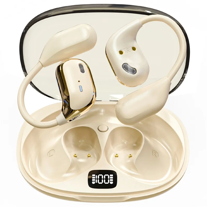 JM15 OWS Wireless Bluetooth-compatible Earphones Digital Display Ear Hook Music Call Headset - Nude