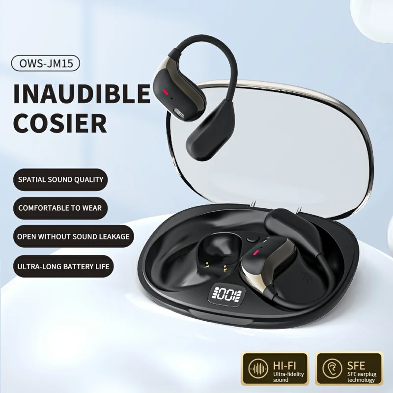 JM15 OWS Wireless Bluetooth-compatible Earphones Digital Display Ear Hook Music Call Headset - Nude