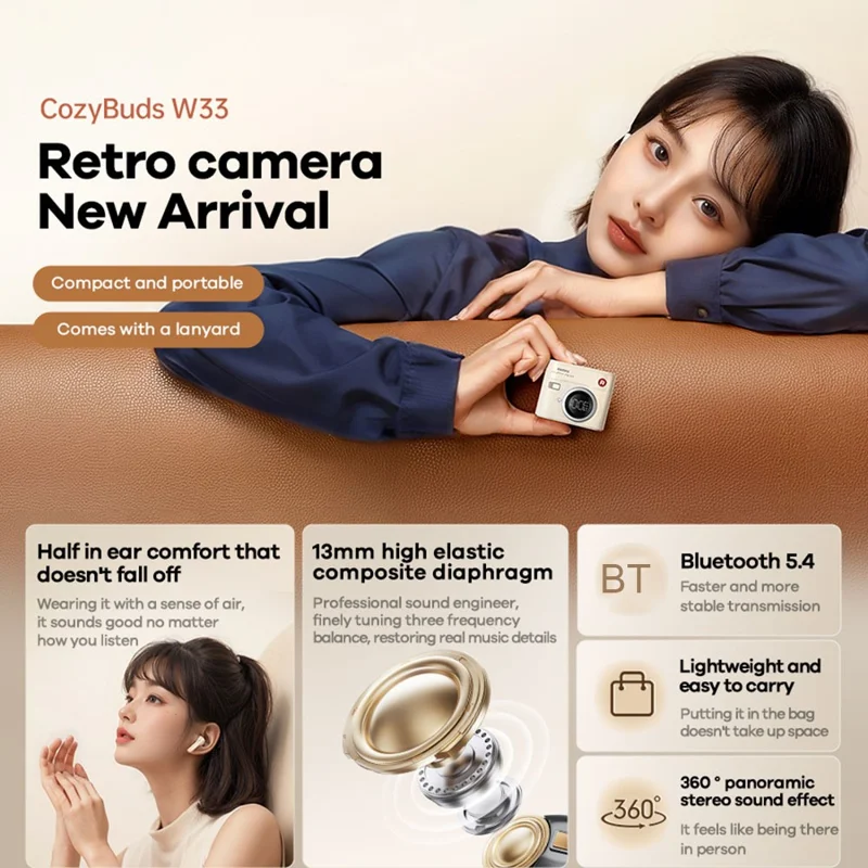 REMAX Cozybuds W33 1 Pair True Wireless Earbuds Bluetooth-compatible 5.4 Music Headphones with Battery Display - Beige