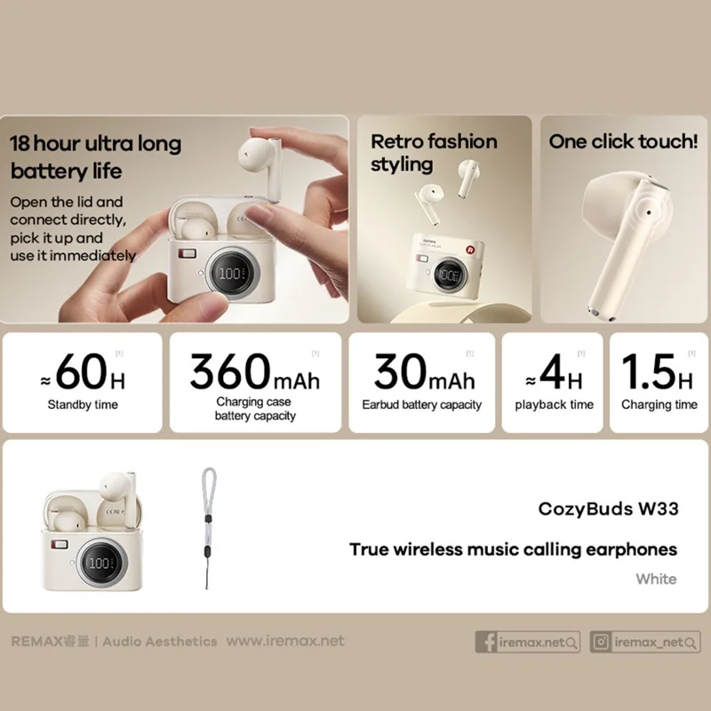 REMAX Cozybuds W33 1 Pair True Wireless Earbuds Bluetooth-compatible 5.4 Music Headphones with Battery Display - Beige