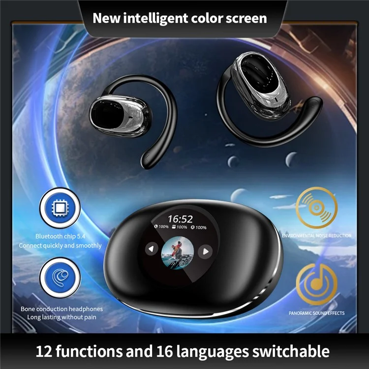 Fones de ouvido sem fio Bluetooth YX39 com condução de ar, esportivos, com gancho de orelha, abertos - Preto