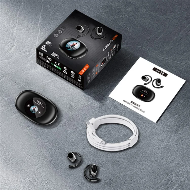 Fones de ouvido sem fio Bluetooth YX39 com condução de ar, esportivos, com gancho de orelha, abertos - Preto