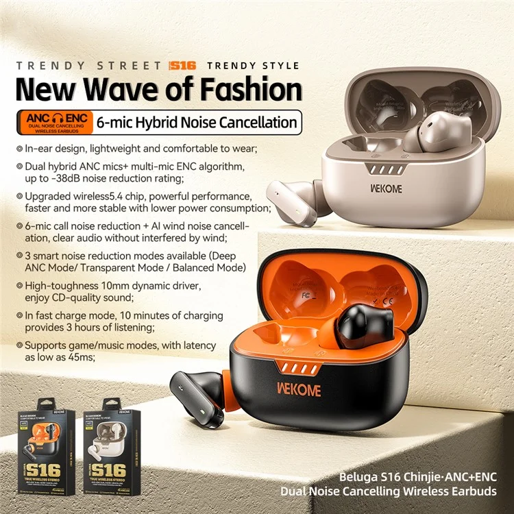 WEKOME Beluga S16 fones de ouvido Bluetooth com cancelamento de ruído ANC ENC, fones de ouvido sem fio - Preto / Laranja