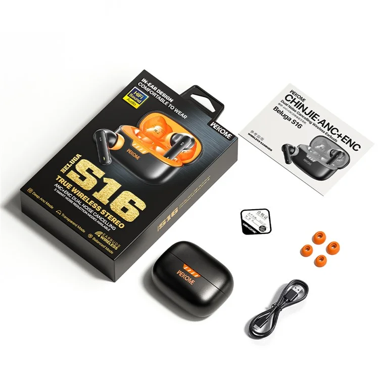 WEKOME Beluga S16 fones de ouvido Bluetooth com cancelamento de ruído ANC ENC, fones de ouvido sem fio - Preto / Laranja