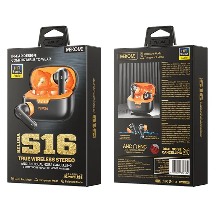 WEKOME Beluga S16 fones de ouvido Bluetooth com cancelamento de ruído ANC ENC, fones de ouvido sem fio - Preto / Laranja