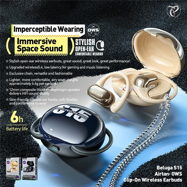 WEKOME Beluga S15 Bluetooth-наушники с открытым ухом с композитным титановым диафрагмой 12 мм - черные
