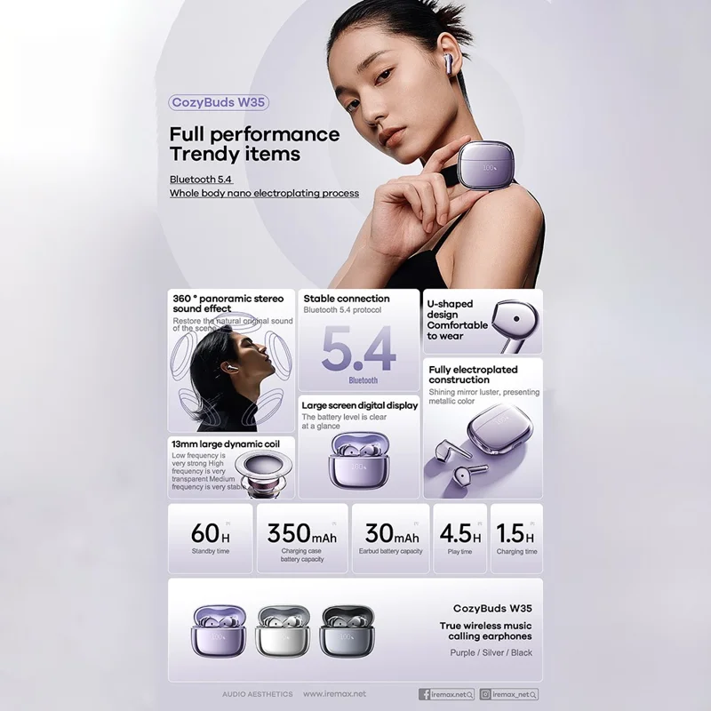 REMAX Cozybuds W35 Bluetooth-compatible 5.4 Earphones Stereo Sound Digital Display Music Calls Headset - Purple