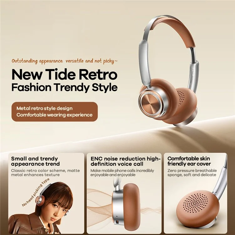 Casque sans fil REMAX RB-830HB rétro portable sur l'oreille avec annulation du bruit ENC - Marron