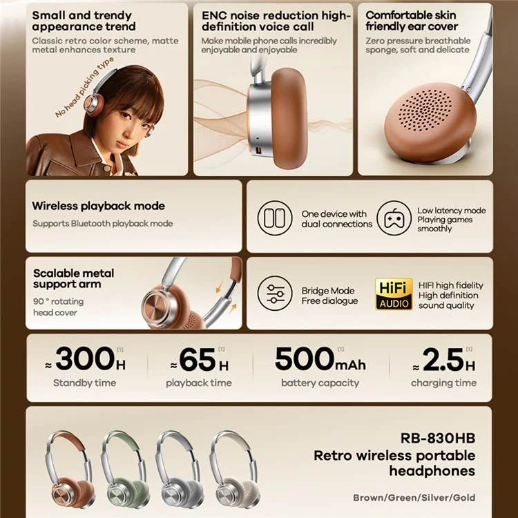 Casque sans fil REMAX RB-830HB rétro portable sur l'oreille avec annulation du bruit ENC - Marron