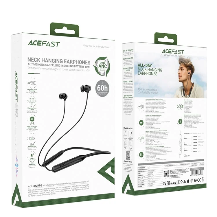 ACEFAST N3 Bluetooth-Kopfhörer zum Aufhängen am Hals, mit aktiver Geräuschunterdrückung und Nackenbügel