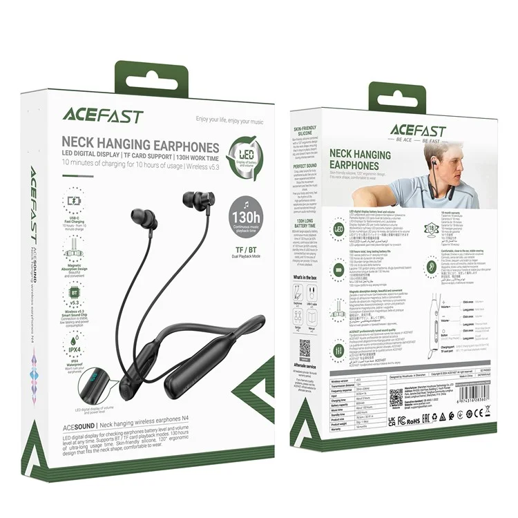 ACEFAST N4 Neckband Bluetooth-compatible Headphones IPX4 Waterproof Earphones Support TF Card