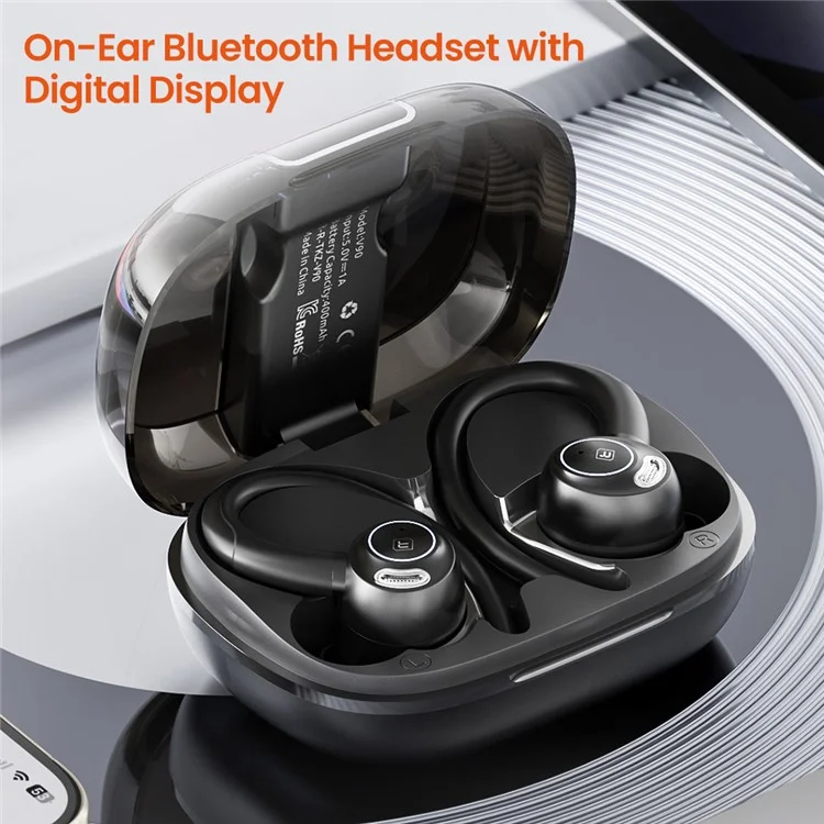 TOOCKI V90 Bluetooth-compatible Earphones Ear Hook Digital Display Wireless Headset - Black