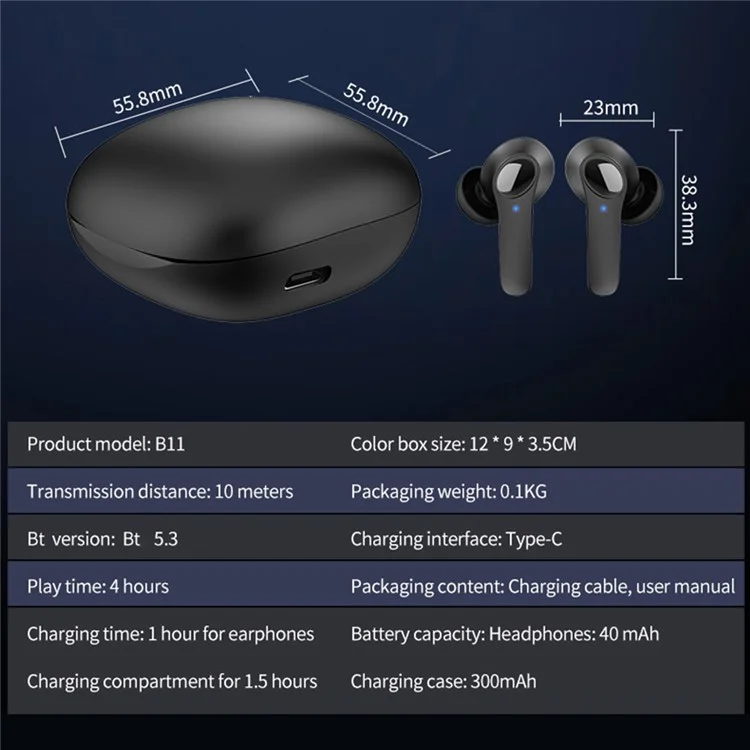 Écouteurs intelligents B11 avec traduction vocale, réduction de bruit, compatibles Bluetooth - Noir