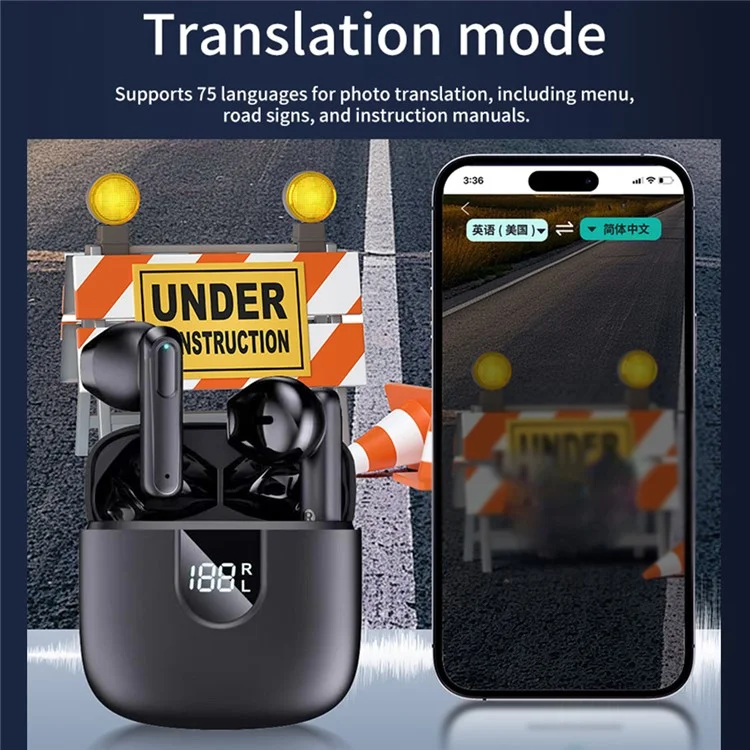 Fones de Ouvido de Tradução Inteligente A18 Bluetooth Sem Fio com 150 Idiomas, Semi In-Ear