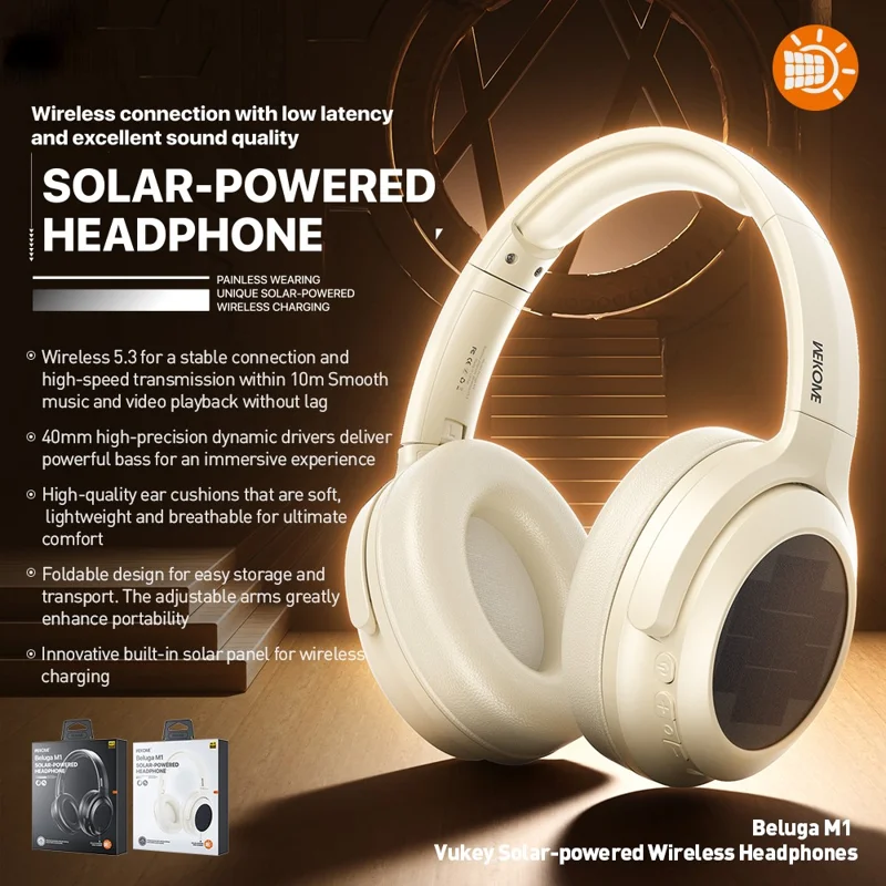 WEKOME Beluga M1 Wireless Headphones Solar Powered Bluetooth-Compatible Over-Ear Foldable Headset - White