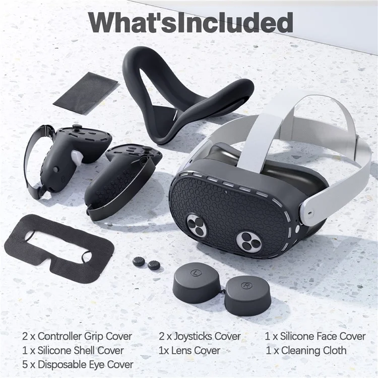 Набор силиконовых аксессуаров для Meta Quest 3S с чехлом для VR-гарнитуры / Накладками на контроллеры / Лицевой маской - Черный