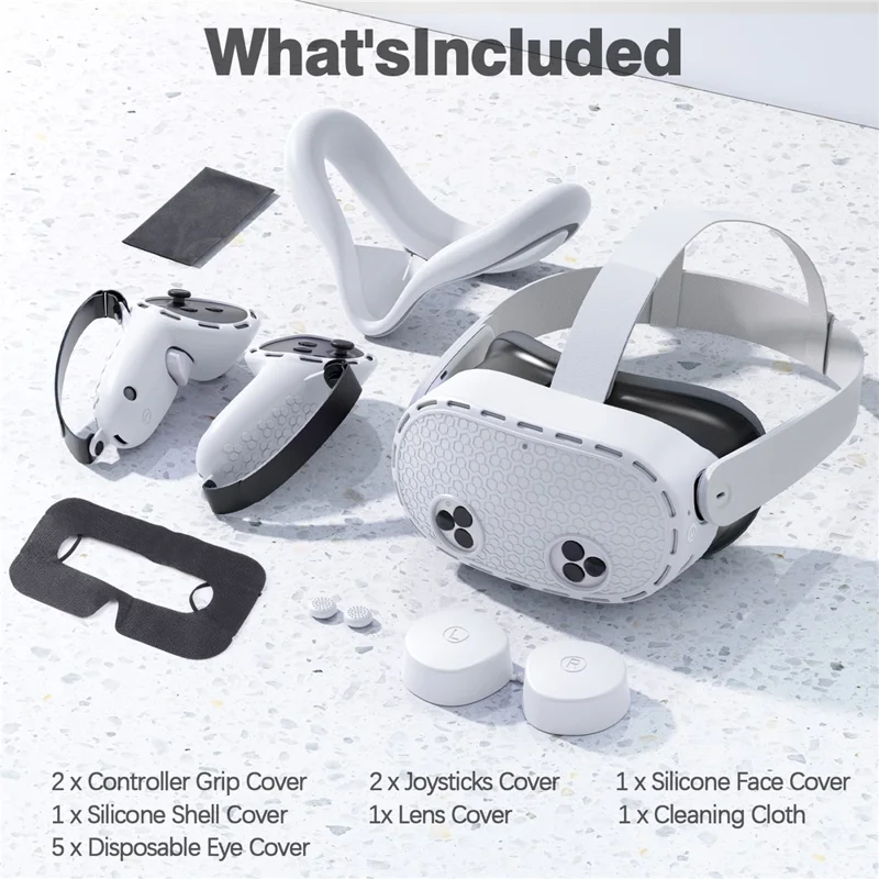 For Meta Quest 3S Silicone Accessory Set with VR Headset Cover  /  Controller Grips  /  Face Mask - White
