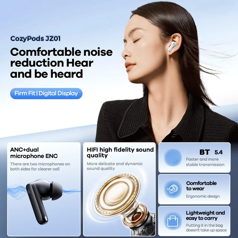 REMAX Cozypods JZ01 Wireless Stereo Earbuds ANC + ENC Noise Reduction HiFi Sound Bluetooth-Compatible Earphones - Black