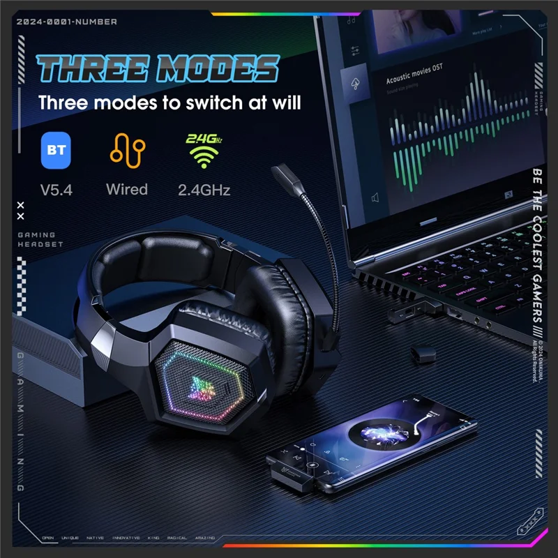 ONIKUMA GT806 Gaming Headset Triple Mode RGB Lighting Surround Sound Bluetooth-Compatible Headphones - Black