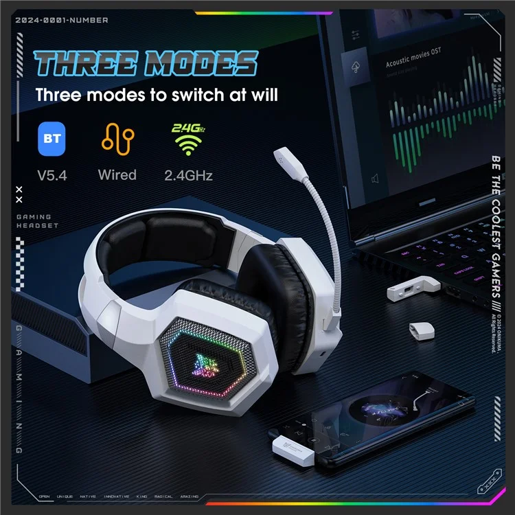 ONIKUMA GT806 Gaming Headset Triple Mode RGB Lighting Surround Sound Bluetooth-Compatible Headphones - White