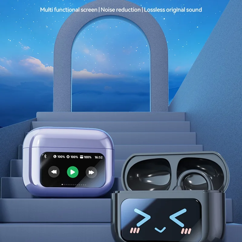 M100 Wireless Headphone Bluetooth-Compatible Headset Clip On Earbuds with Screen - Purple