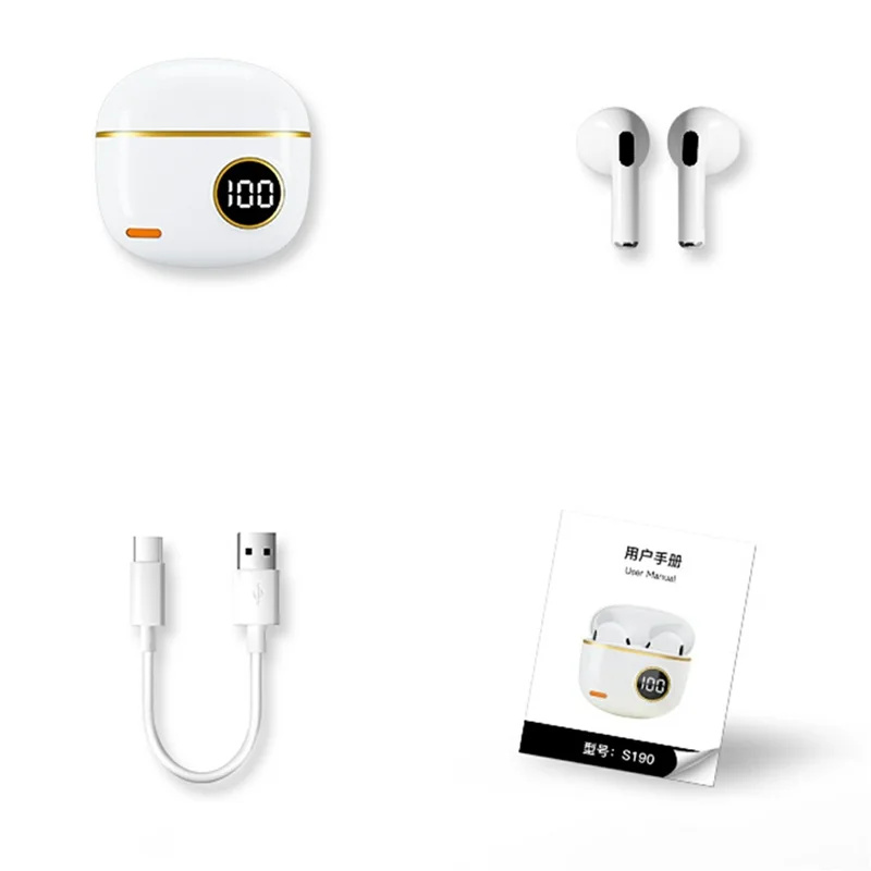 S190 Wireless Earphones Digital Display Waterproof Bluetooth-Compatible Gaming Music Headset - White