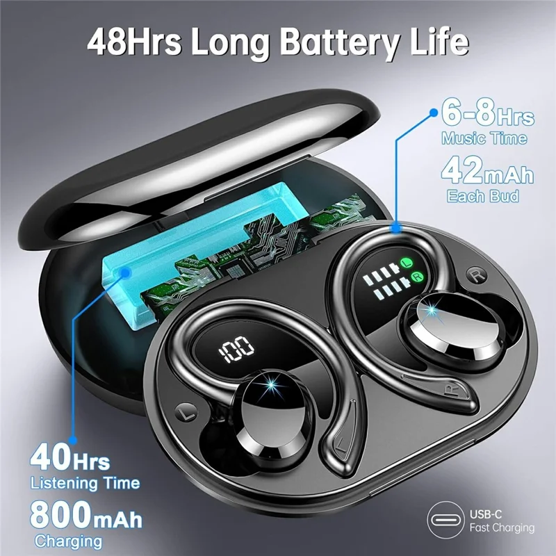 Q38 1 Pair Ear-Hook In-Ear Earphones Noise Cancelling Stereo Headphones Wireless Earbuds - Blue