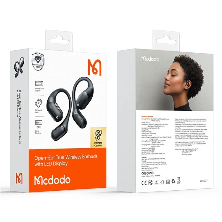 MCDODO HP-007 Auricolari Wireless True Open-Ear con Display LED Cuffie Bluetooth IPX4 Resistenti all'Acqua - Nero