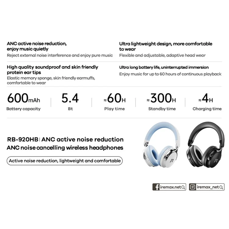 Auriculares inalámbricos REMAX RB-920HB con cancelación de ruido ANC, sonido de alta fidelidad y diseño cómodo - Blanco